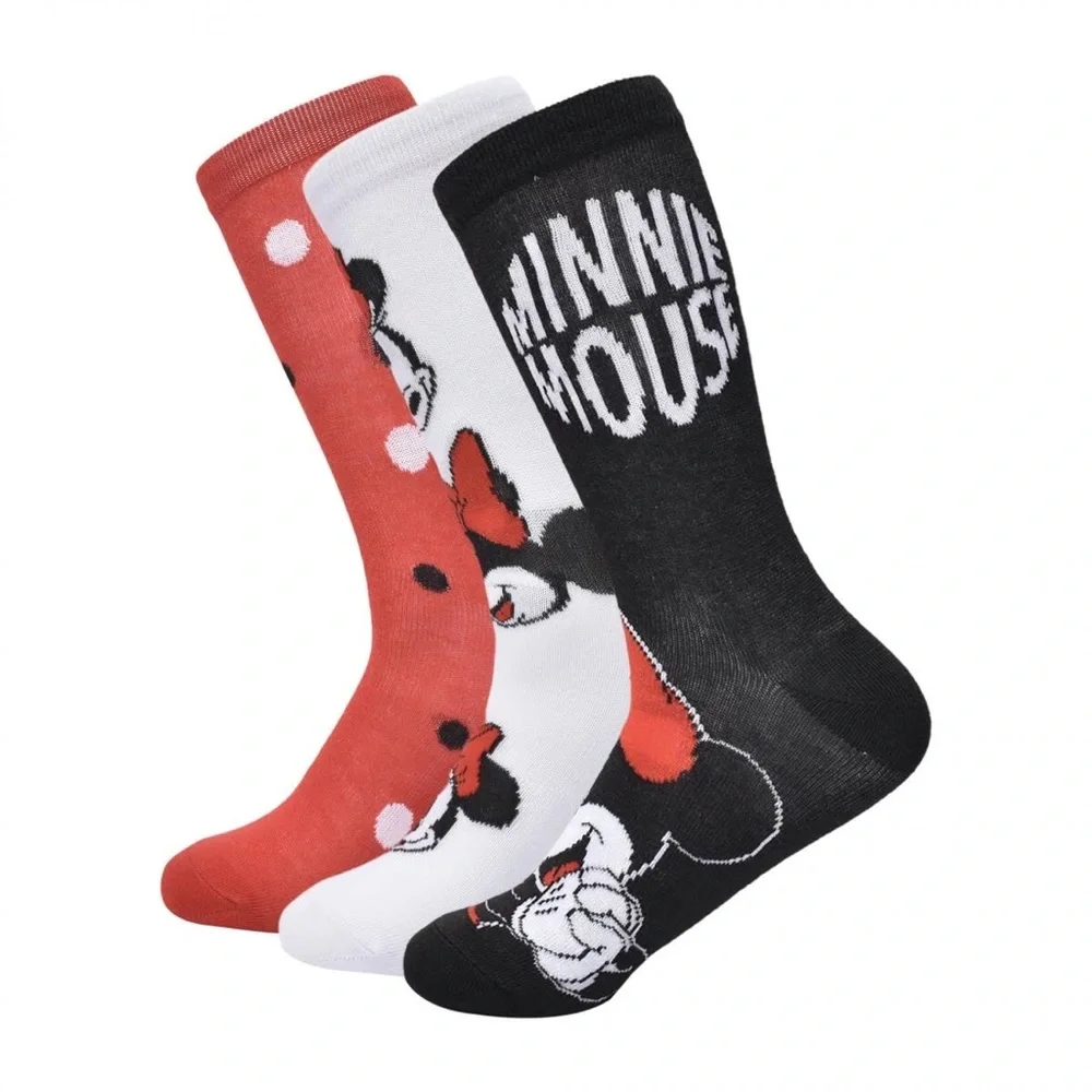 DISNEY MINNIE MOUSE WOMENS 3 PAIR PACK CREW SOCKS RED WHITE BLACK OS NWT